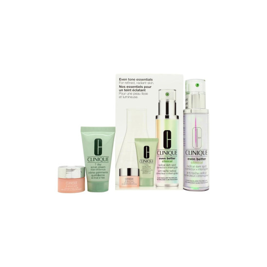 Clinique Even Tone Essentials Gift Set 50ml Even Better Clinical Radical Dark Spot Corrector + Interrupter + 30ml 7 Day Scrub Cream + 5ml All About Eyes
